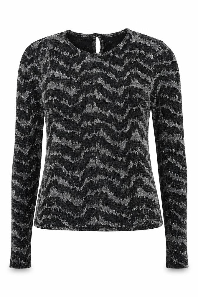 Front view of Topshop women’s black geometric polyester basic t-shirt, size UK 10, round neck