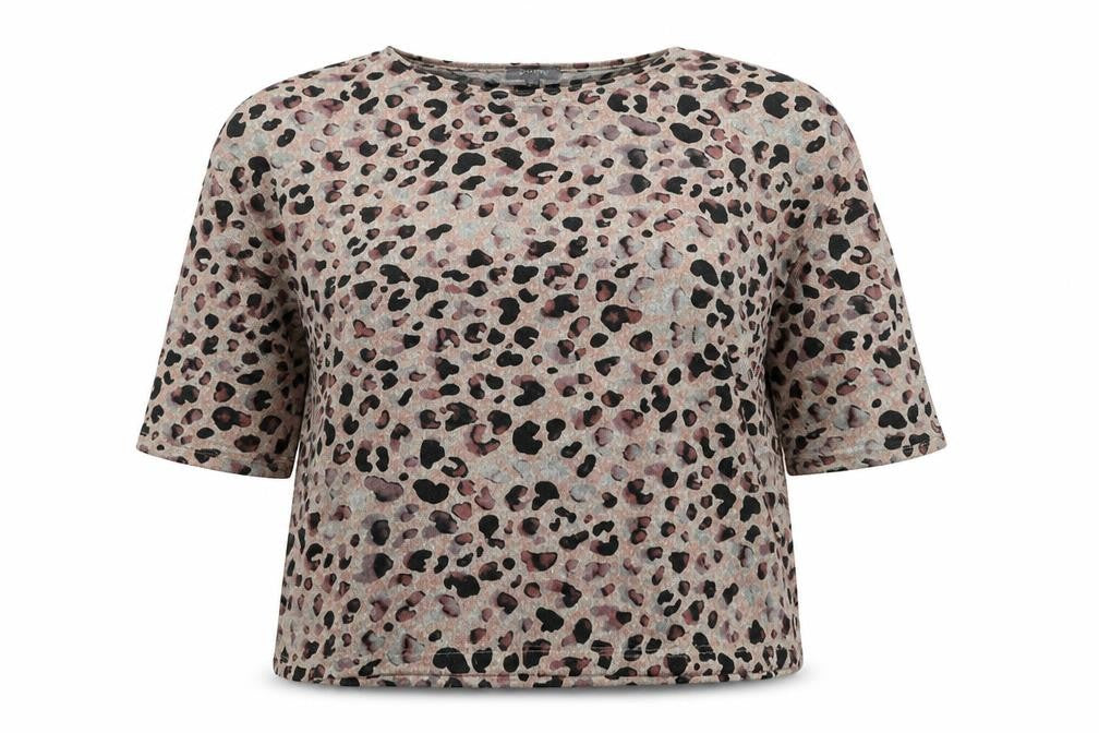 Front view of Principles women’s beige round neck animal print polyester jumper, size UK 18, - leopard pattern