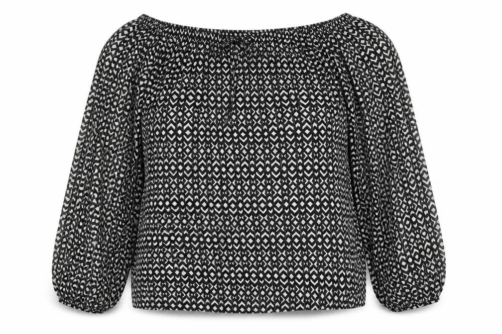 Front view of Next women’s black geometric polyester basic blouse, size UK 10, off the shoulder