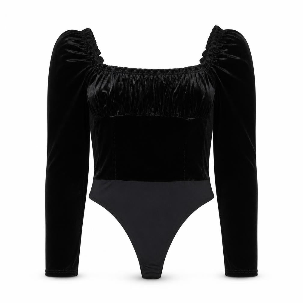 Front view of Miss Selfridge women’s black polyester bodysuit one-piece, size UK 8, snap