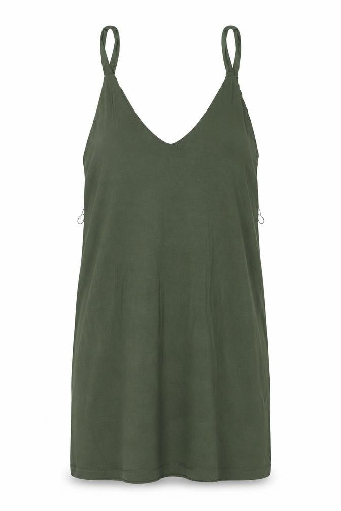 Front view of ASOS women’s green viscose slip dress, size UK 12, v-neck pullover
