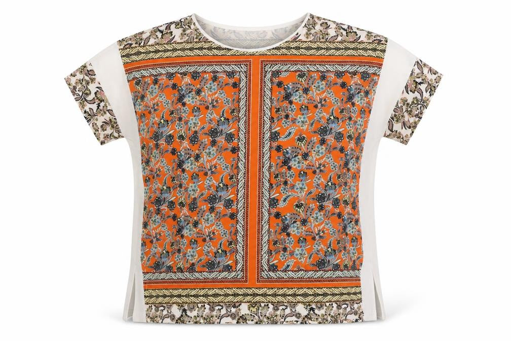 Front view of Warehouse women’s multicoloured geometric polyester basic blouse, size UK 10, round neck