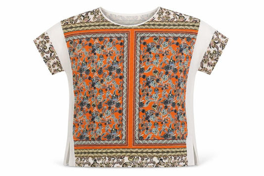 Front view of Warehouse women’s multicoloured geometric polyester basic blouse, size UK 10, round neck