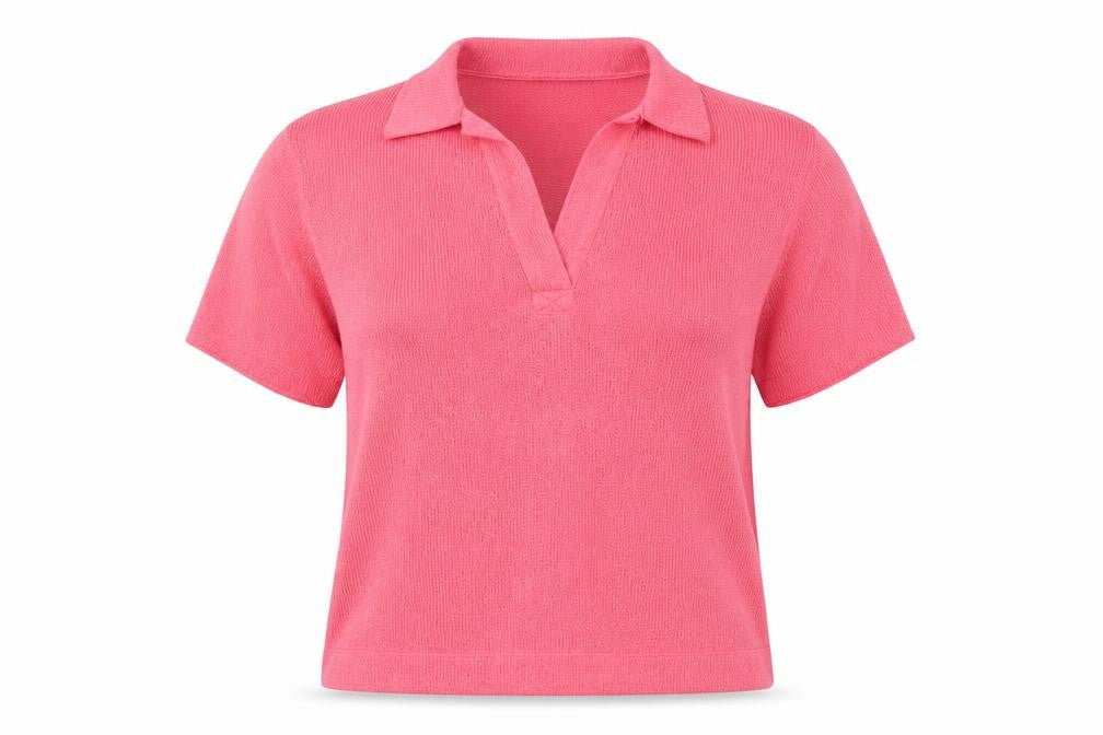 Front view of Marks & Spencer women’s pink collared polyester jumper, size UK 10