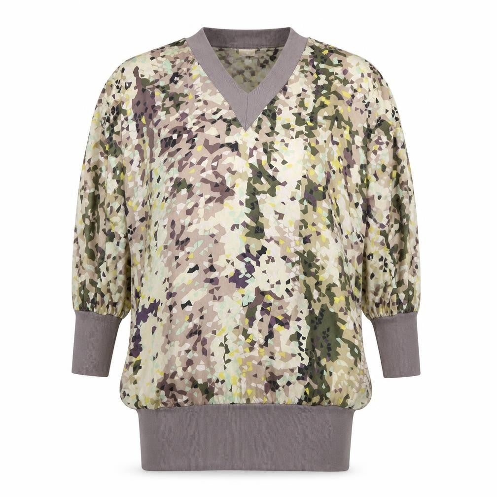 Front view of H&M women’s multicoloured geometric silk jumper dress, size UK 8, v-neck pullover