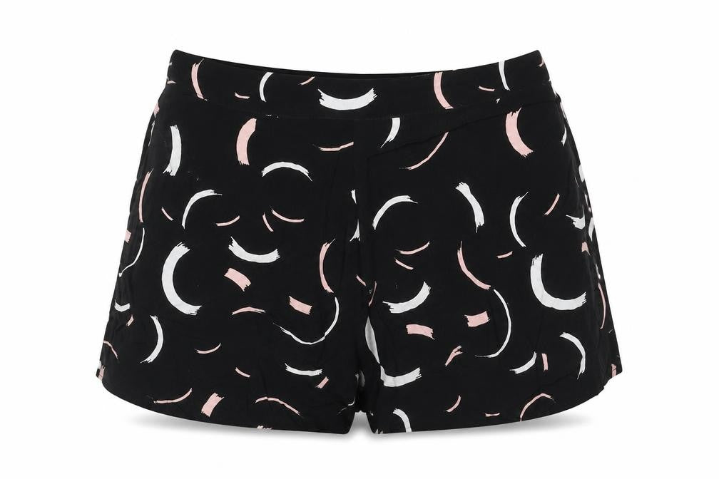 Front view of Glassons women’s black geometric viscose basic shorts, size UK 6, regular zip