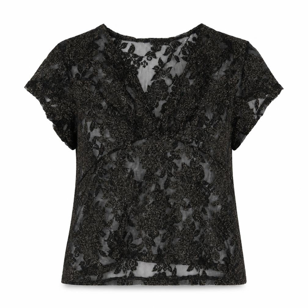 Front view of Bonmarché women’s black geometric polyester basic blouse, size M, v-neck