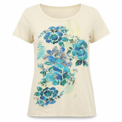 Savoir Womens Beige Floral Cotton Basic T-Shirt Size 12 Round Neck