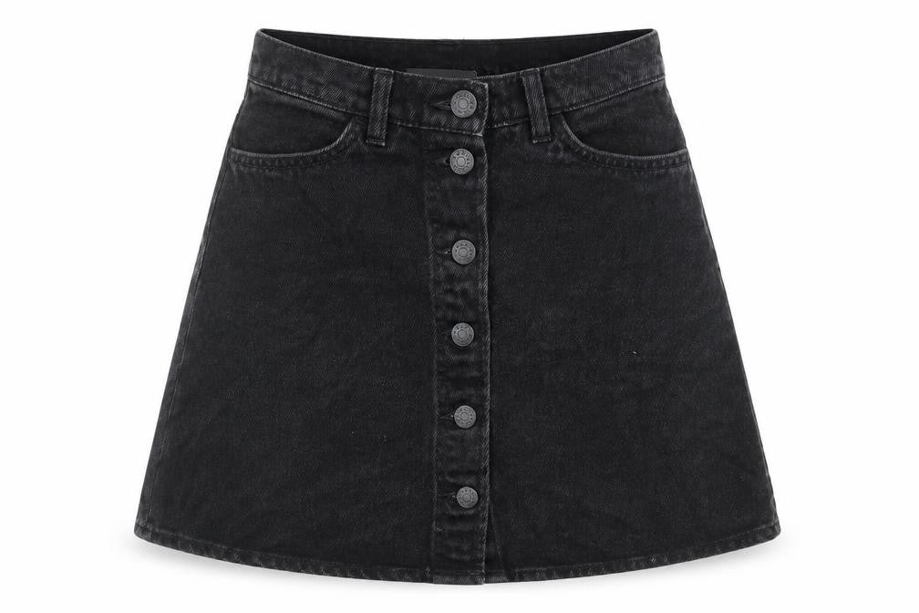 Front view of Monki women’s black cotton a-line skirt, size UK 6, button