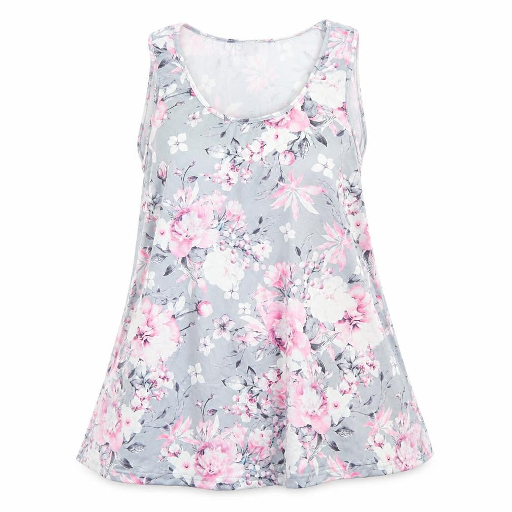 Front view of Flycur women’s grey floral polyester basic tank, size 2XL, scoop neck