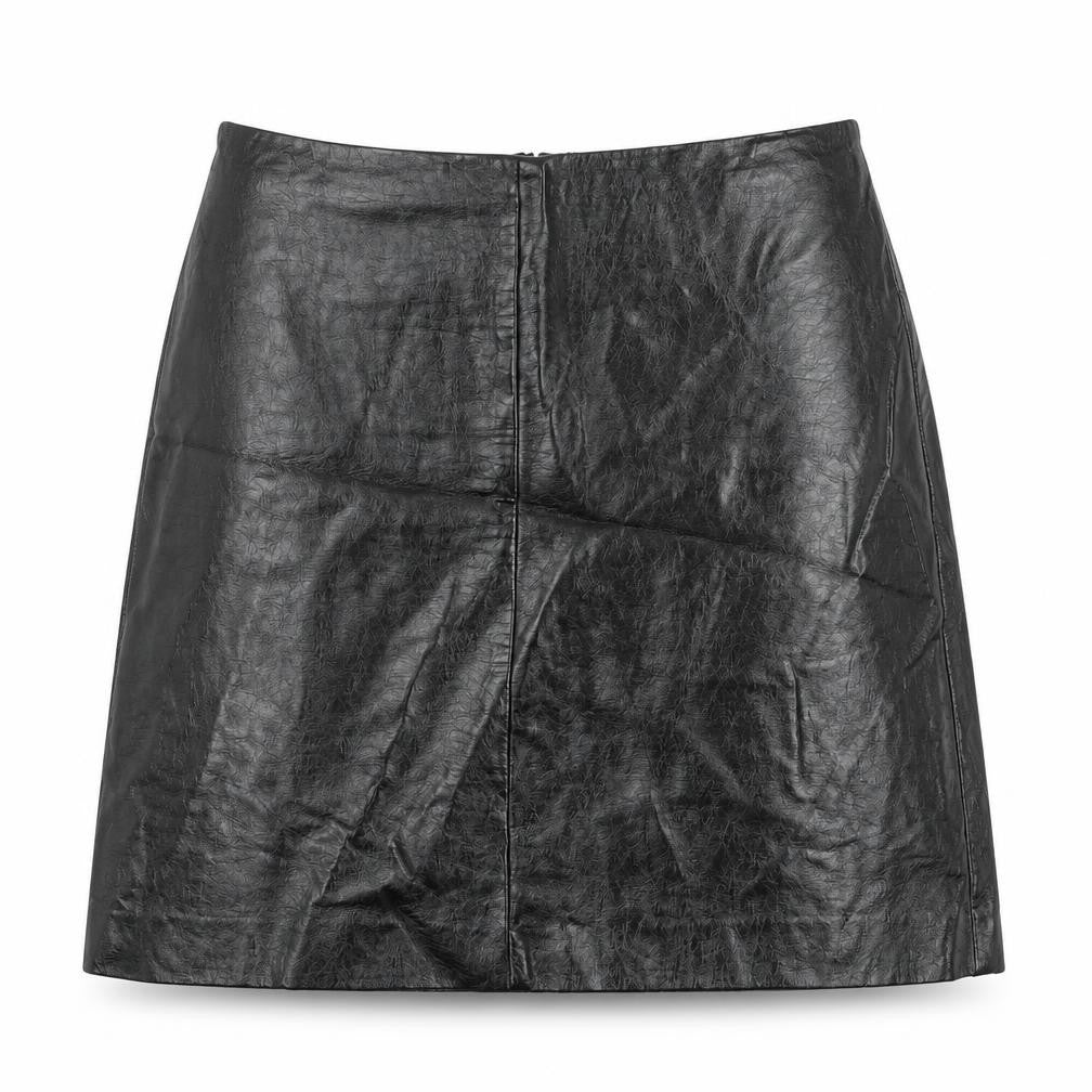 Front view of Marks & Spencer women’s black polyurethane a-line skirt, size UK 8, zip