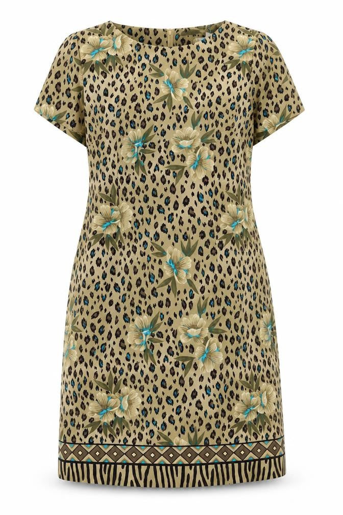 Front view of Kathie Leo women’s gold geometric polyester a-line, size UK 8, round neck zip - leopard flower pattern