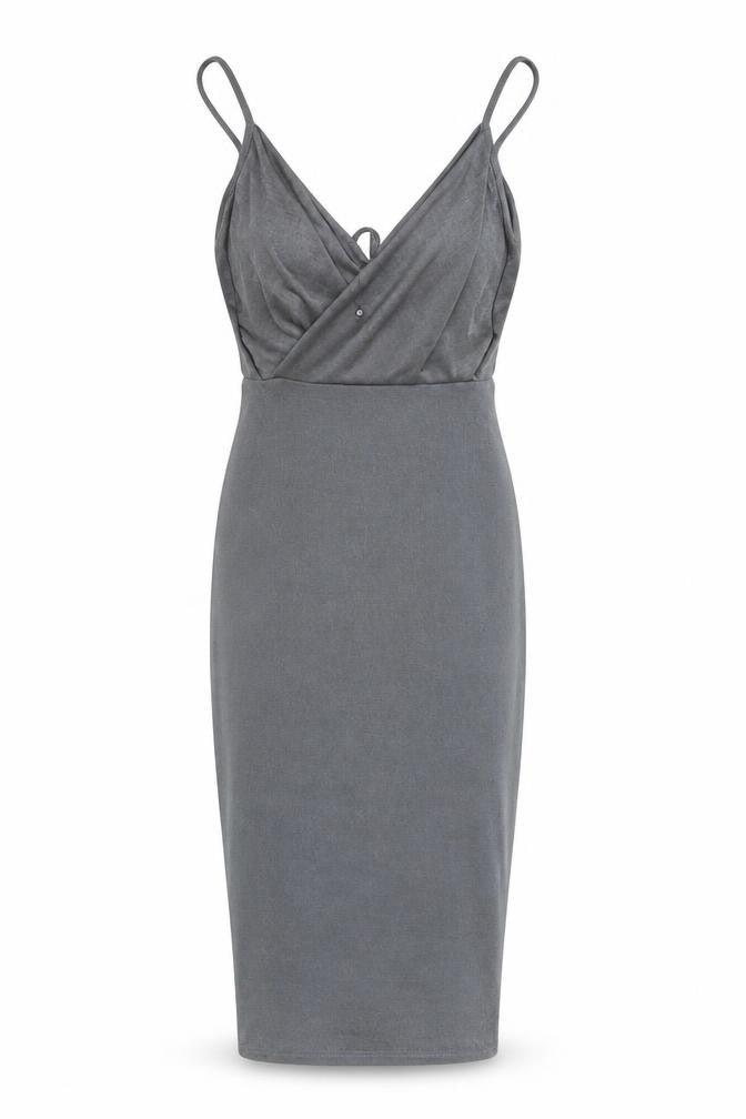 Front view of Missguided women’s grey polyester slip dress, size UK 4, v-neck pullover