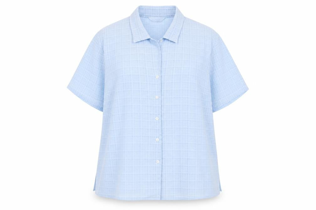 Front view of Berkertex women’s blue plaid polyester basic button-up, size UK 16, collared