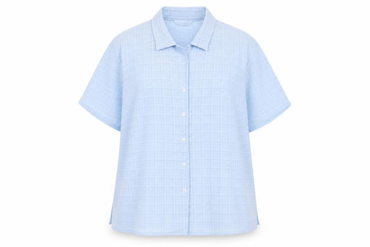 Front view of Berkertex women’s blue plaid polyester basic button-up, size UK 16, collared
