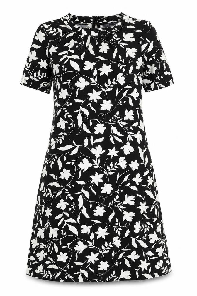 Marks and Spencer Womens Black Floral Viscose A-Line Size 8 Boat Neck Button