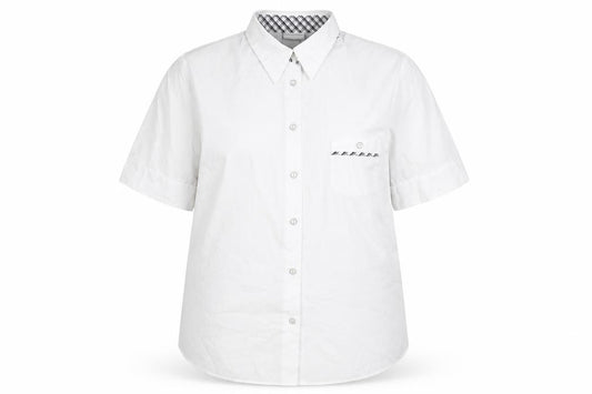 Front view of Delmond women’s white polyester basic button-up, size UK 16, collared