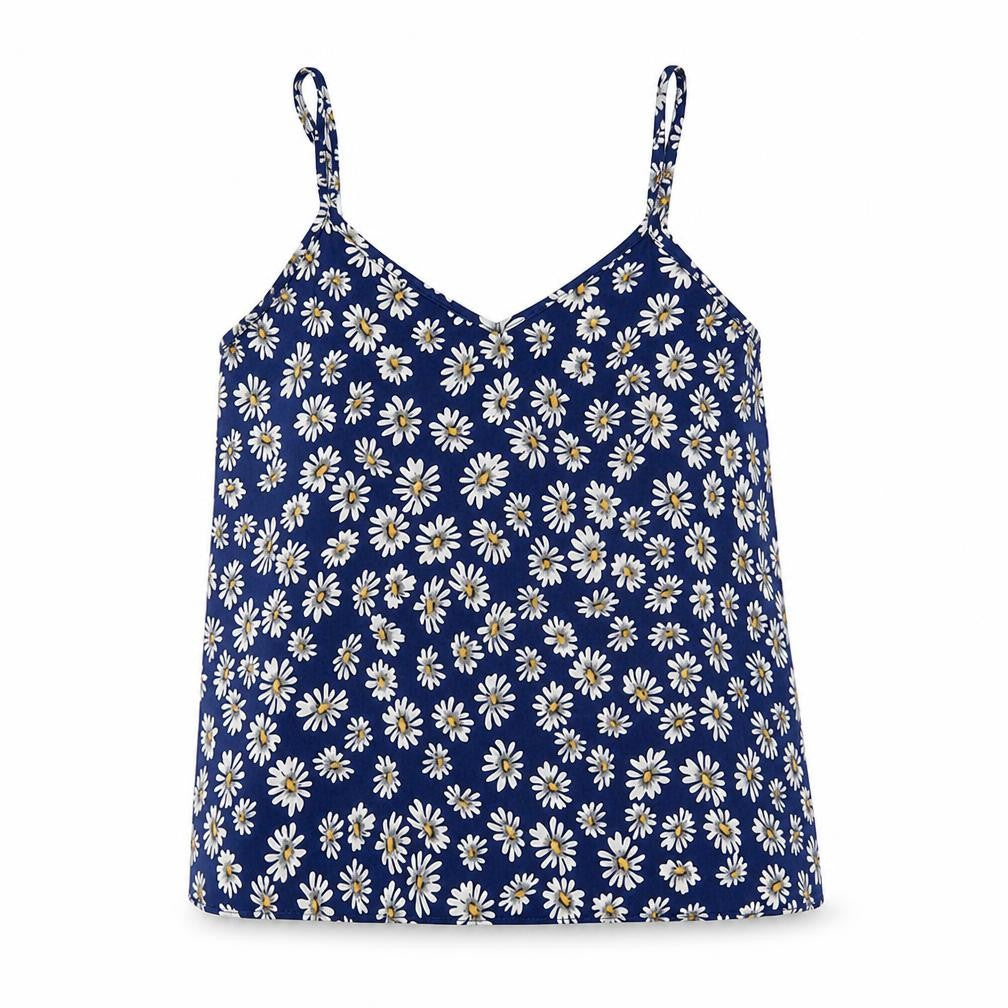 Front view of River Island women’s blue floral polyester basic tank, size UK 8, v-neck