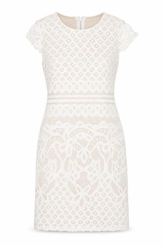 Front view of Quiz women’s white geometric polyester shift, size UK 6, round neck zip