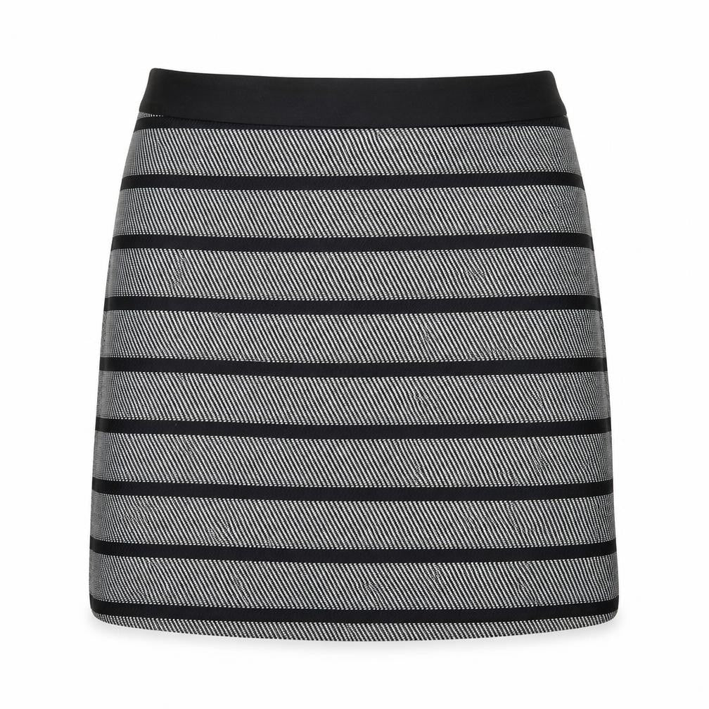 Front view of Oasis women’s black striped polyester a-line skirt, size UK 14, zip