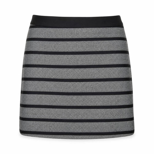 Front view of Oasis women’s black striped polyester a-line skirt, size UK 14, zip