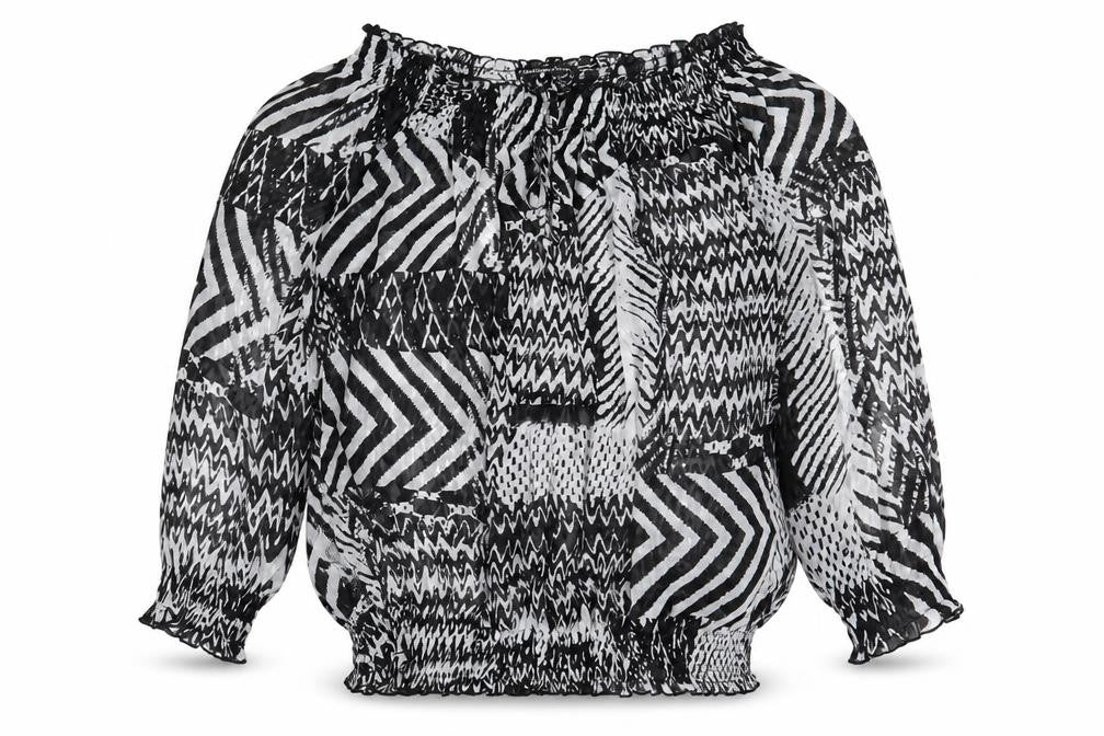 Front view of Madison Paige women’s black geometric polyester basic blouse, size L, off the shoulder