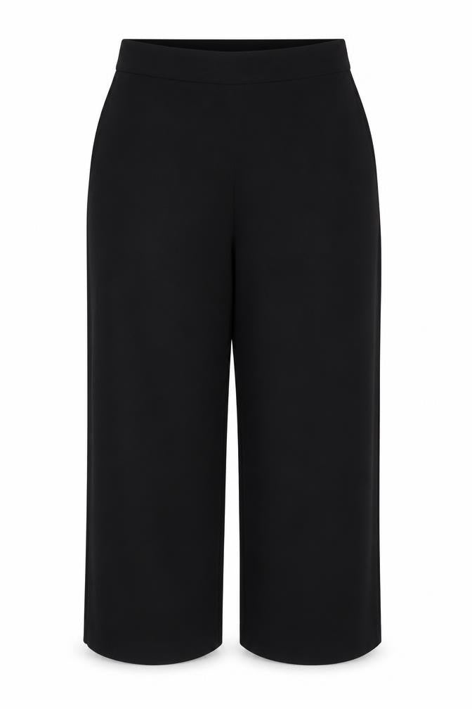 Front view of M&Co women’s black polyester trousers, size UK 14, regular