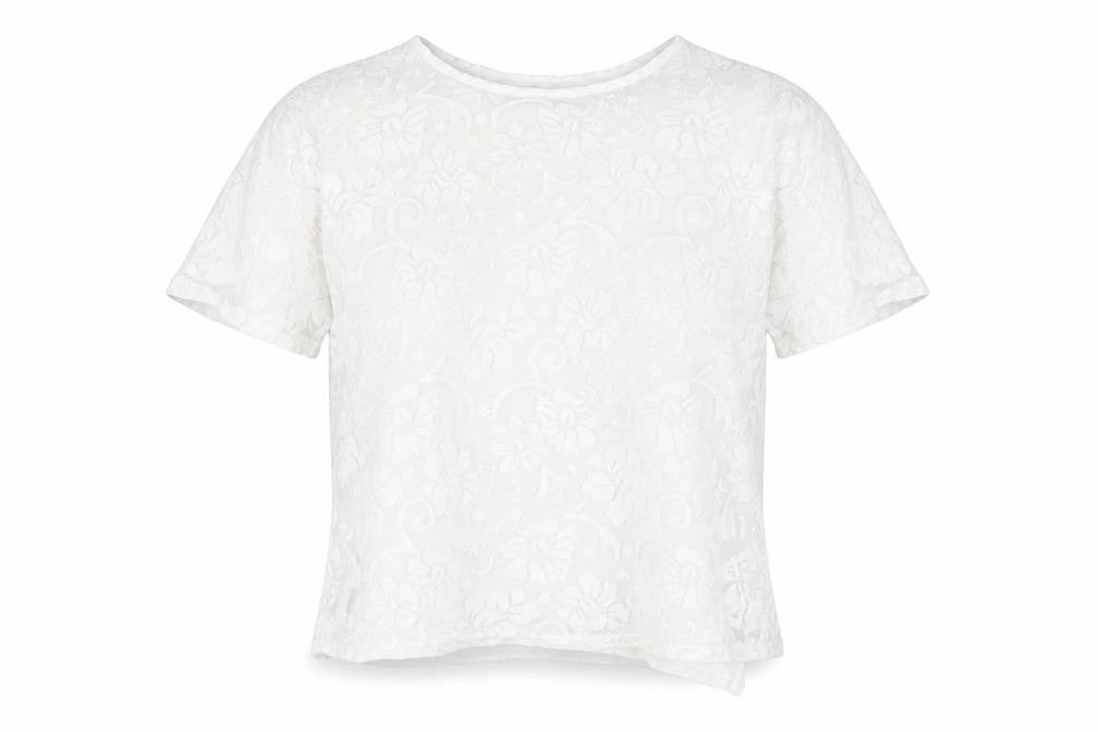 Front view of Simon Jefferey women’s white floral polyester basic t-shirt, size M, round neck -, size M-l