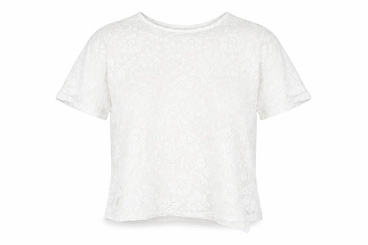 Front view of Simon Jefferey women’s white floral polyester basic t-shirt, size M, round neck -, size M-l