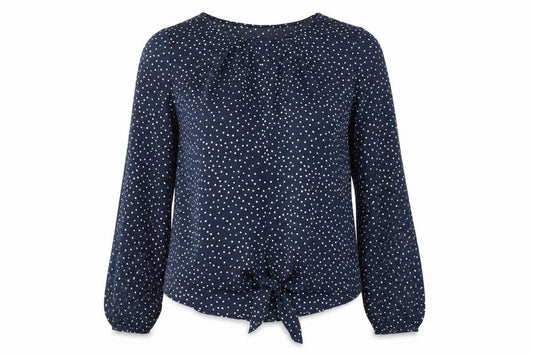 Front view of Mauvette women’s blue polka dot polyester basic blouse, size UK 8, round neck