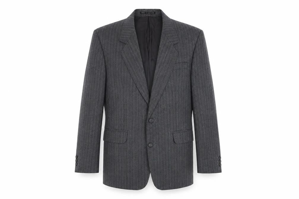 Front view of James Barry men’s grey striped wool jacket suit jacket, size M, regular