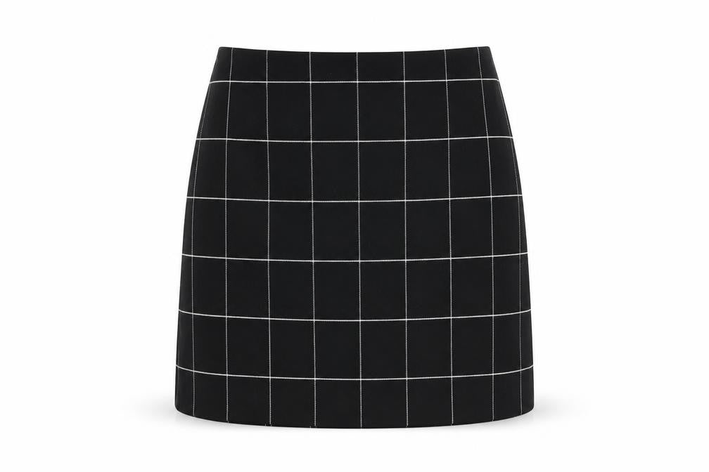 Front view of H&M women’s black geometric polyester a-line skirt, size UK 8, zip