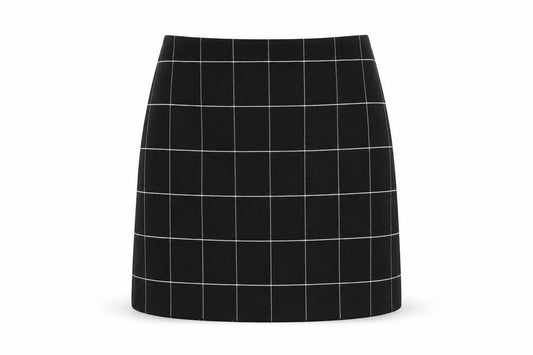 Front view of H&M women’s black geometric polyester a-line skirt, size UK 8, zip