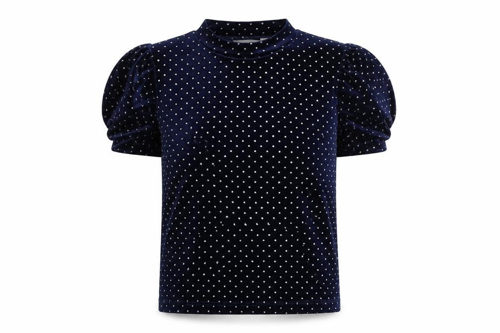 Front view of John Lewis women’s blue polka dot polyester basic t-shirt, size UK 10, round neck