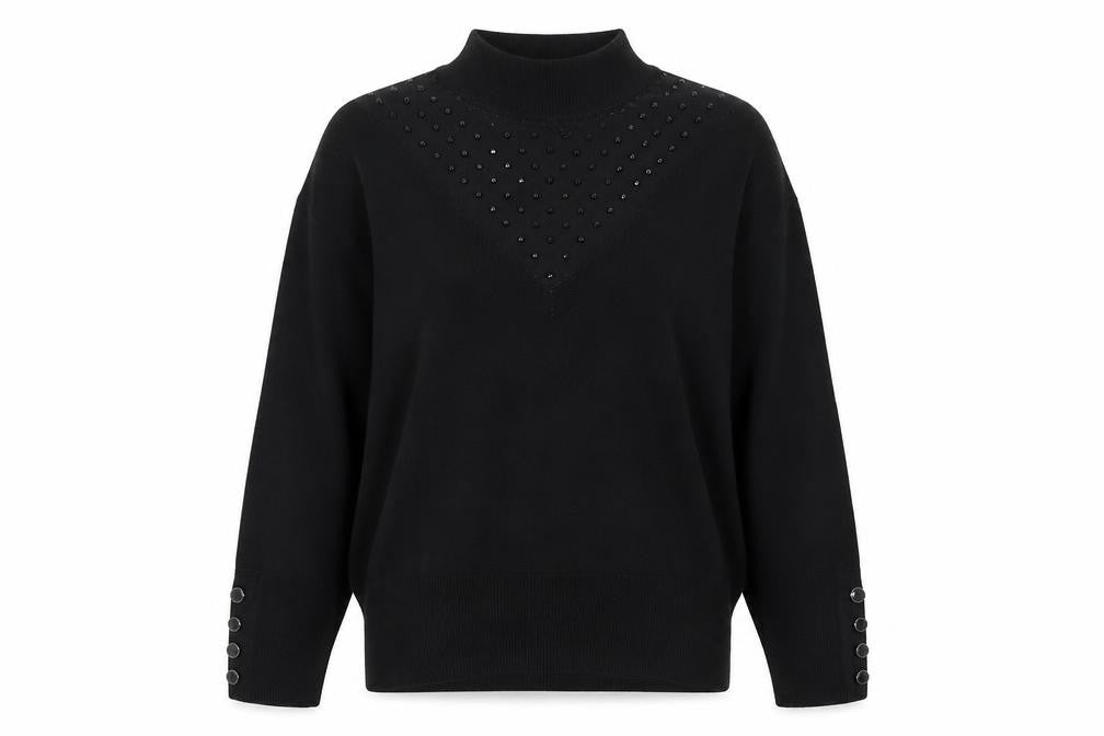 Front view of Star women’s black high neck viscose jumper, size UK 12