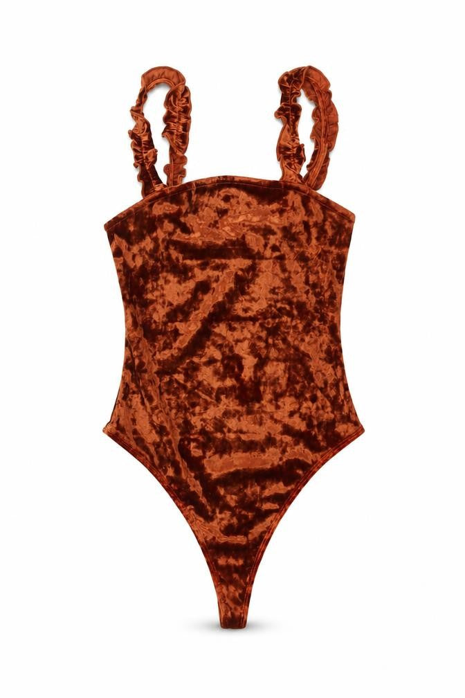 Front view of Urban Outfitters women’s brown polyester bodysuit one-piece, size S, pullover
