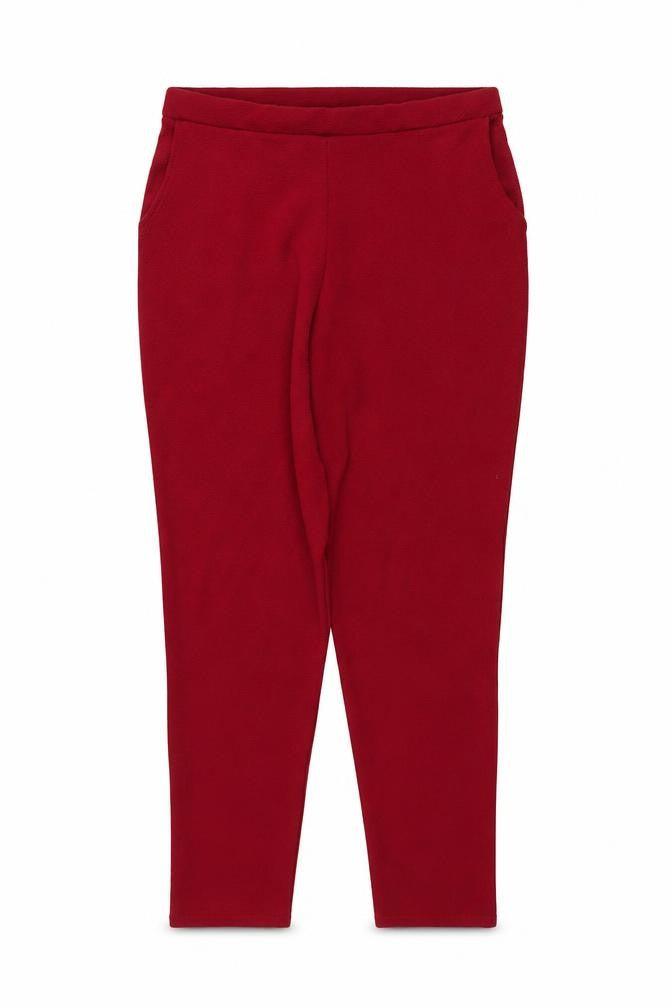 Front view of Boohoo women’s red polyester trousers, size UK 12, 26-inch leg regular
