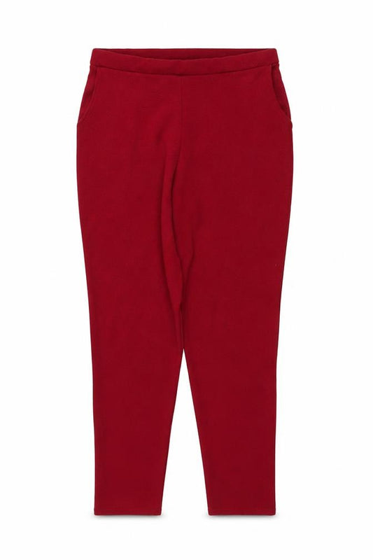 Front view of Boohoo women’s red polyester trousers, size UK 12, 26-inch leg regular