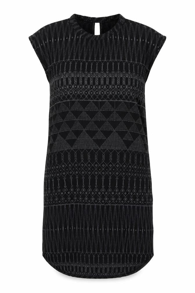 Front view of H&M women’s black geometric viscose shift, size UK 8, round neck button
