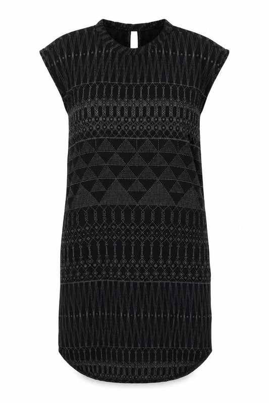 Front view of H&M women’s black geometric viscose shift, size UK 8, round neck button