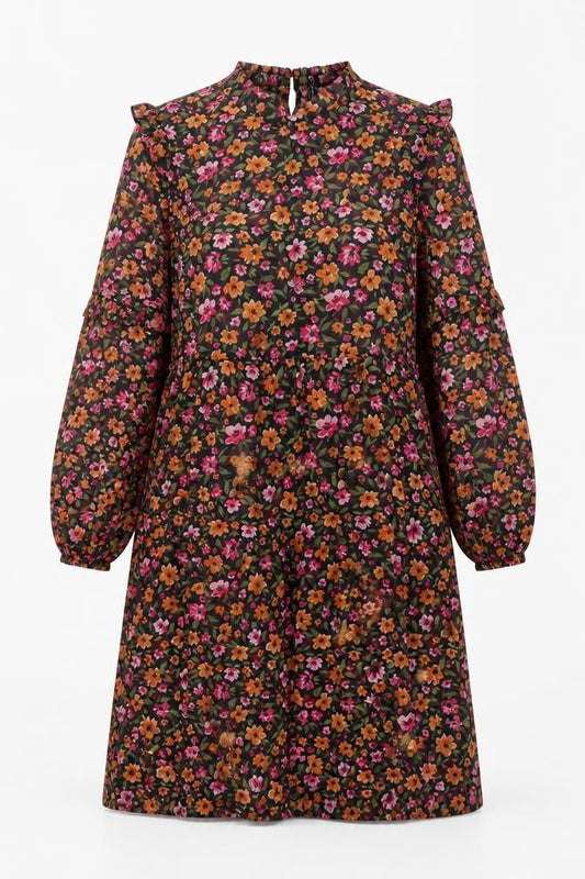 Front view of H&M women’s black floral polyester trapeze & swing, size XS, round neck button
