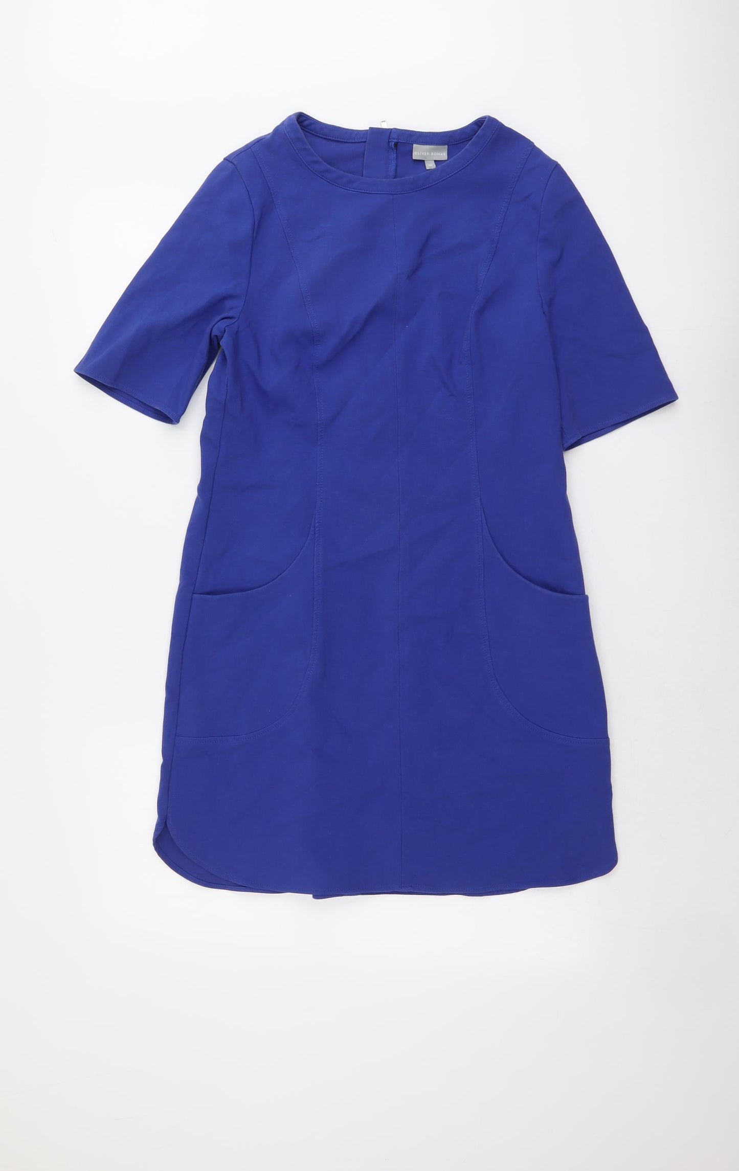 Oliver Bonas Womens Blue Cotton Shift Size 10 Boat Neck Zip