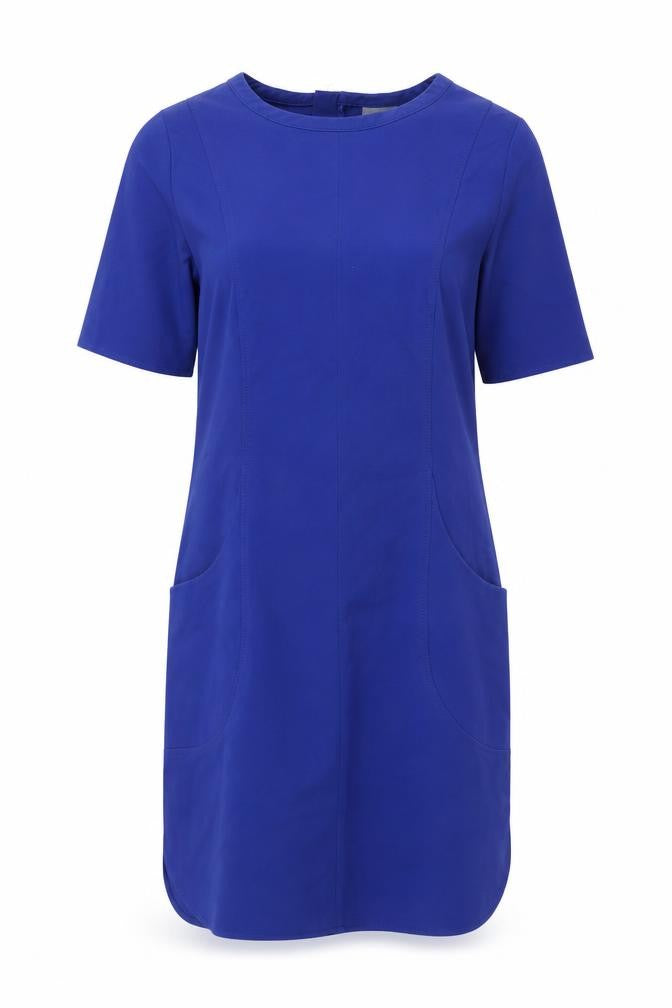Front view of Oliver Bonas women’s blue cotton shift, size UK 10, boat neck zip