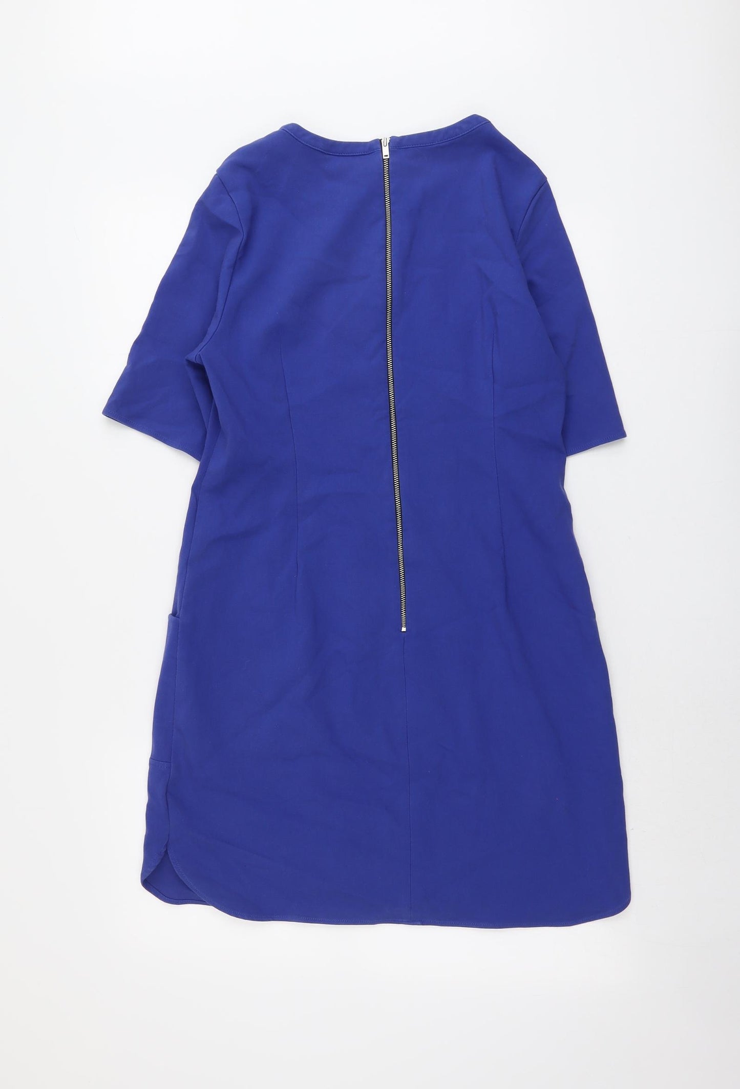 Oliver Bonas Womens Blue Cotton Shift Size 10 Boat Neck Zip