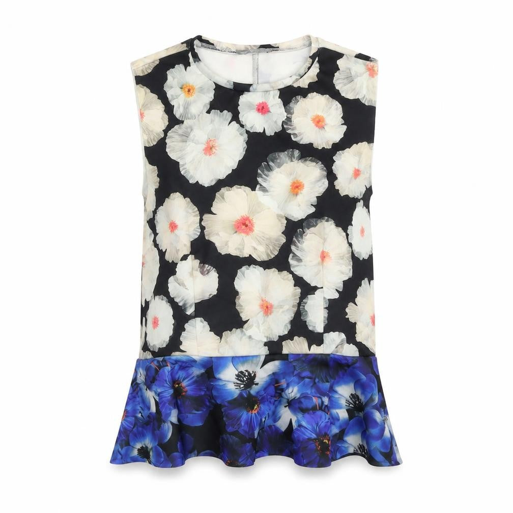 Front view of Zara women’s multicoloured floral polyester basic tank, size S, round neck - peplum