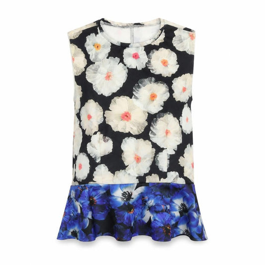 Front view of Zara women’s multicoloured floral polyester basic tank, size S, round neck - peplum