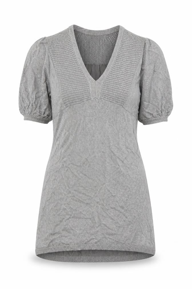 Front view of New Look women’s silver v-neck viscose jumper, size UK 12