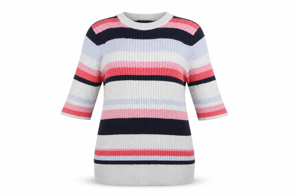 Front view of Marks & Spencer women’s multicoloured round neck striped viscose jumper, size UK 10