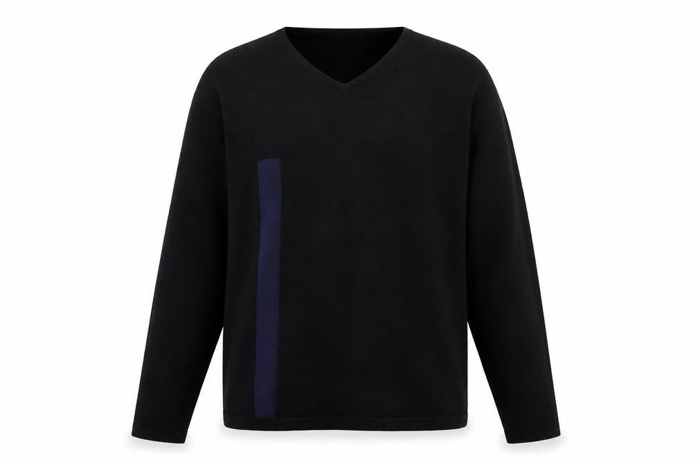 Front view of River Island men’s black v-neck wool jumper, size M, long sleeve