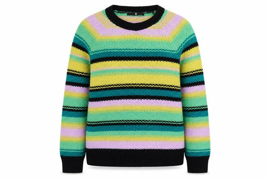 Front view of Very women’s multicoloured round neck striped acrylic jumper, size UK 12